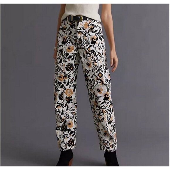 Anthropologie Tapered Floral Corduroy Pants Women's Size 14 White All Over Print - Picture 1 of 16